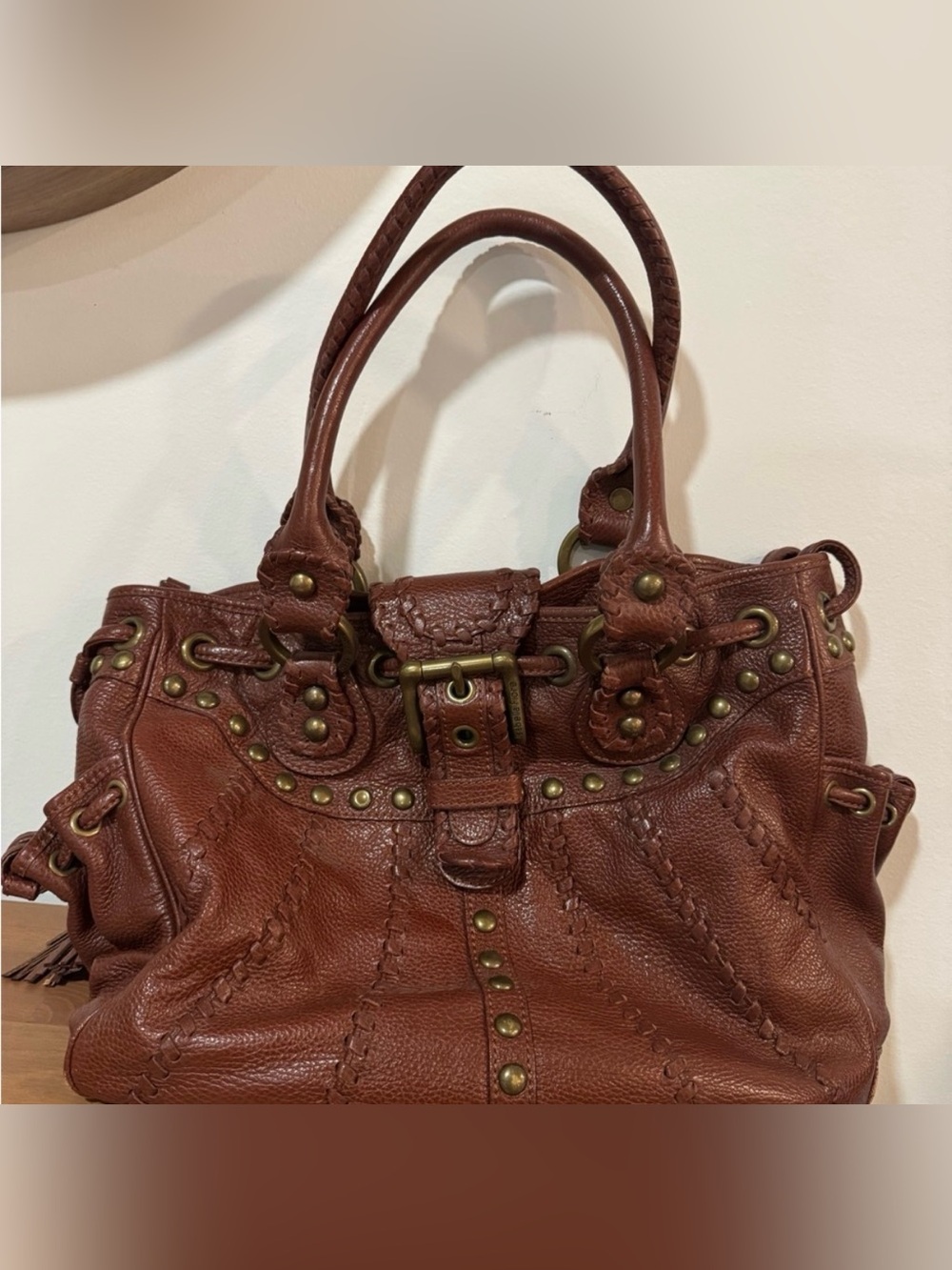 Women's Brown Leather Shoulder Bag with Stud Detailing
